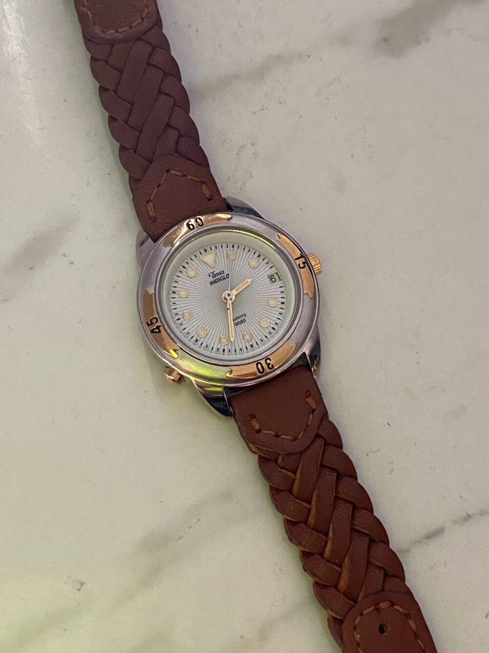 Timex Watch Women Indiglo WR Silver Gold Brown Leather Light Date White Quartz